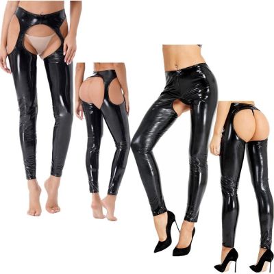 US Women's PVC Leather Wet Look Shiny Crotchless Stretch Leggings Pants Clubwear